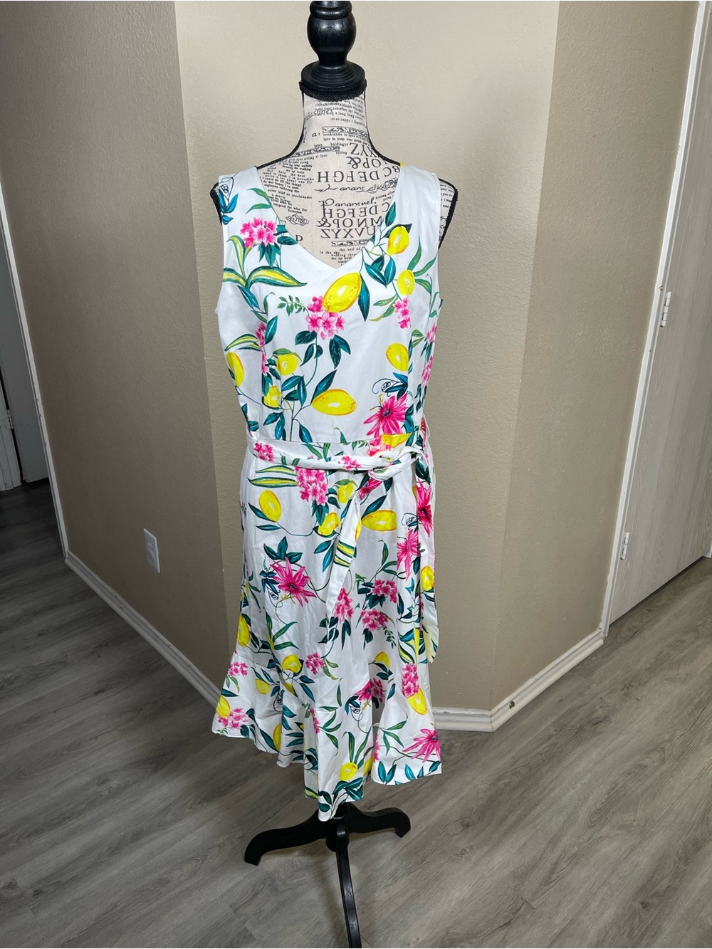 Talbots White Lemon & Pink Floral Tie-Waist Midi Dress